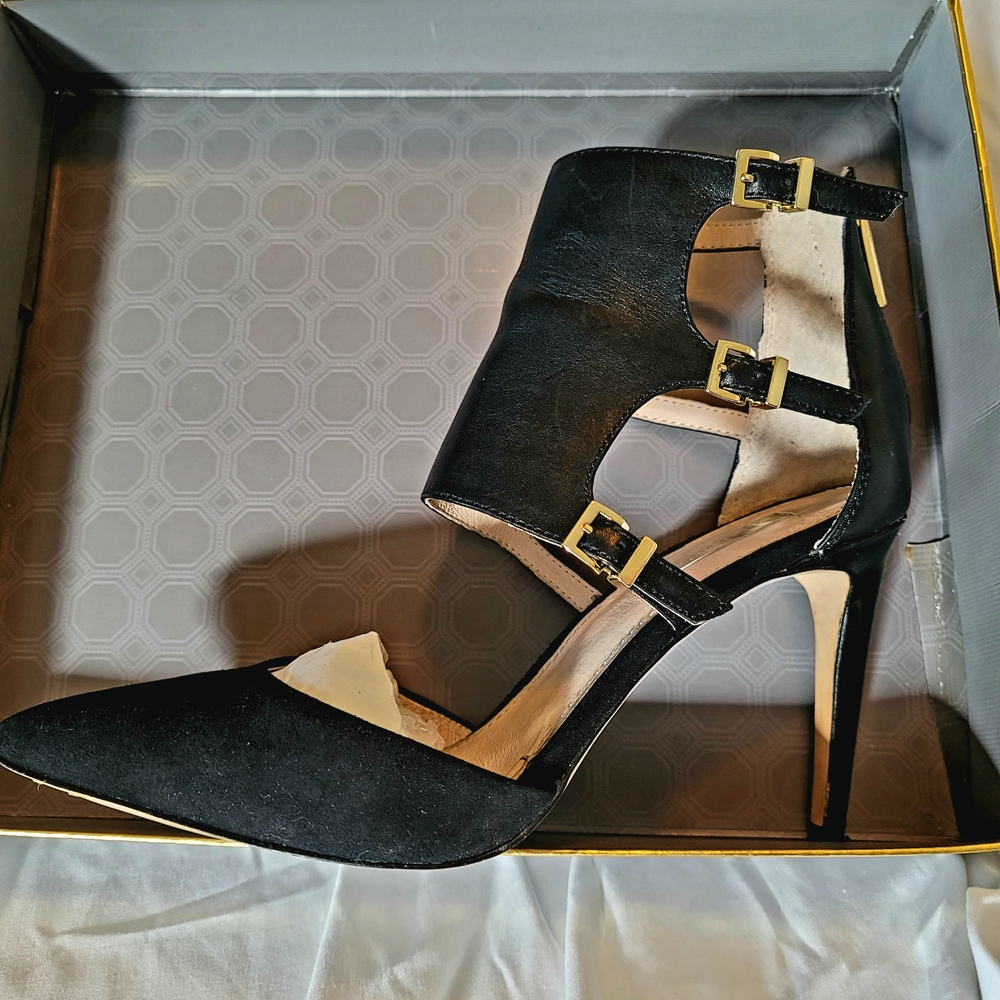Louise et Cie Black and Gold Heels with Stiletto and Ankle Strap